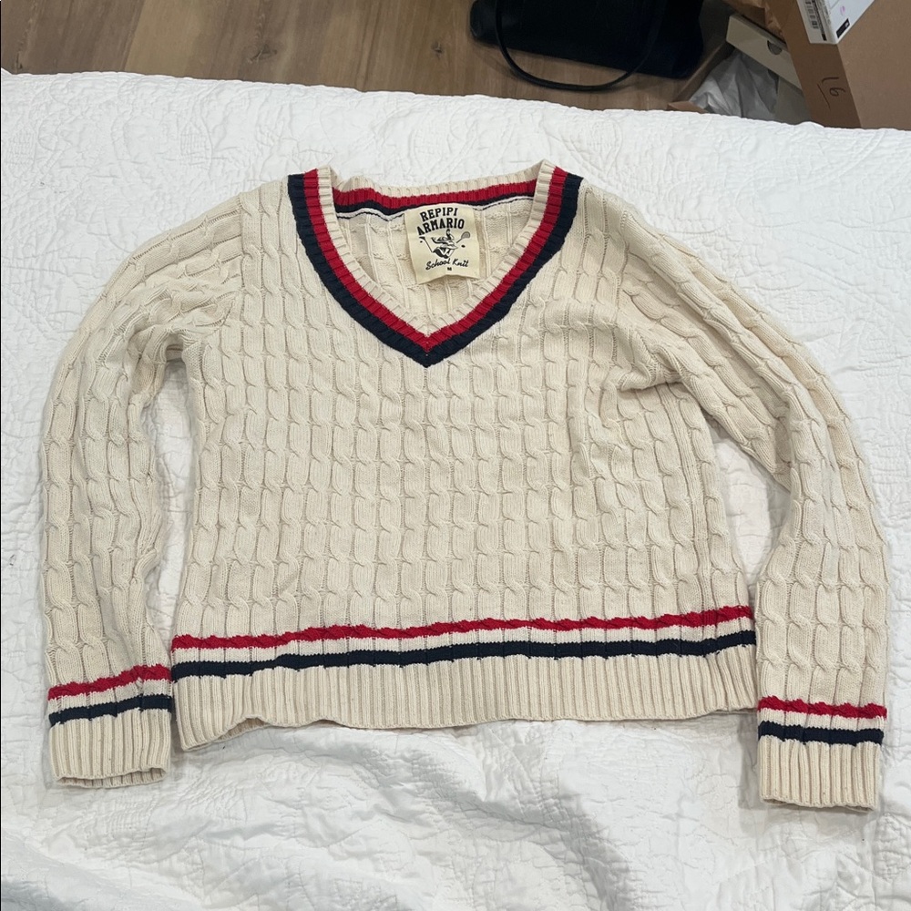 Japanese brand Repipi Amario Varsity Cableknit V Neck Sweater